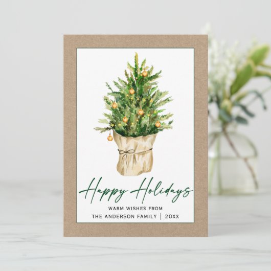 Cartes Pour Fêtes Annuelles Aquarelle Pine Arbre Calligraphie Encre Script Kra (Debout devant)