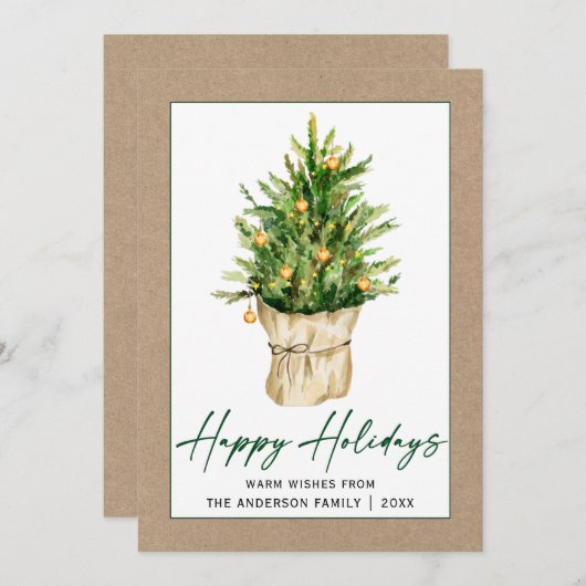 Cartes Pour Fêtes Annuelles Aquarelle Pine Arbre Calligraphie Encre Script Kra (Devant / Derrière)