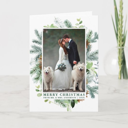 Cartes Pour Fêtes Annuelles Aquarelle Pine Cadre Mariage photo Plier vert (Devant)