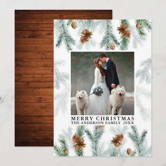 Cartes Pour Fêtes Annuelles Aquarelle Pine Cône Verdure Bois de Noël (Devant / Derrière)