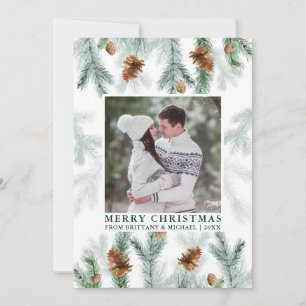 Cartes Pour Fêtes Annuelles Aquarelle Pine Cône Vert Couple Photo Vert