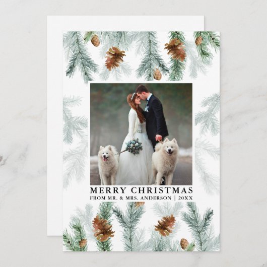 Cartes Pour Fêtes Annuelles Aquarelle Pine Cône Vert Mariage Photo (Devant / Derrière)