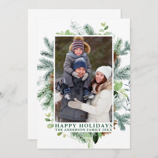 Cartes Pour Fêtes Annuelles Aquarelle Pine Frame Joyeux Vacances Vert (Devant / Derrière)