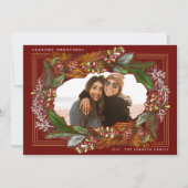 Cartes Pour Fêtes Annuelles Aquarelle Pinecone Red Frame photo de vacances (Devant)