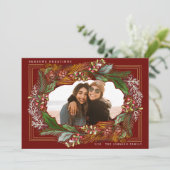 Cartes Pour Fêtes Annuelles Aquarelle Pinecone Red Frame photo de vacances (Debout devant)