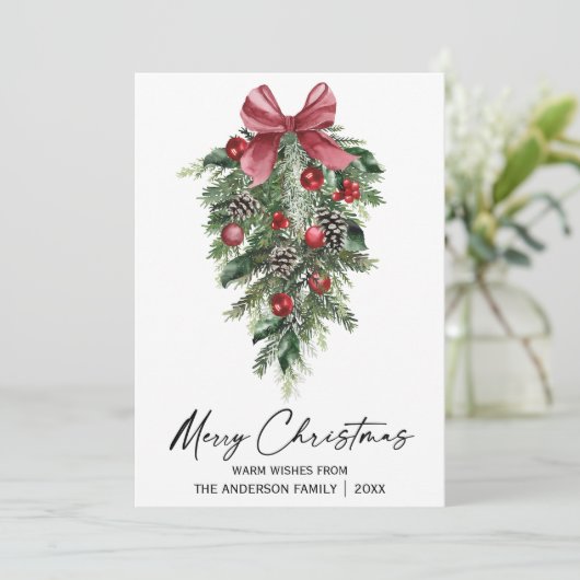 Cartes Pour Fêtes Annuelles Aquarelle Pines Calligraphie Encre Noël Rouge (Debout devant)