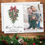 Cartes Pour Fêtes Annuelles Aquarelle Pines Calligraphie Encre Photo Noël<br><div class="desc">Élégante Calligraphie moderne Encre Script Aquarelle Pins Végétation hivernale avec Bow Rouge Bourgogne Ornements de Noël,  cônes de pin et baies sèches Photo Merry Christmas Card</div>