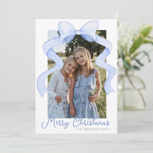 Cartes Pour Fêtes Annuelles Aquarelle Pink Bow Ribbon Sash Noël Photo (Debout devant)