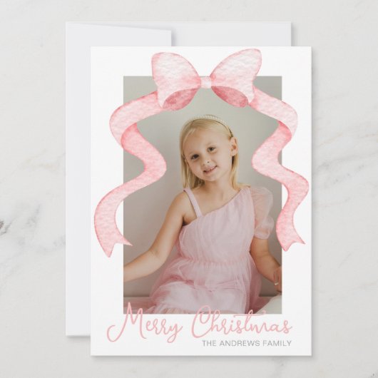 Cartes Pour Fêtes Annuelles Aquarelle Pink Bow Ribbon Sash Noël Photo (Devant)