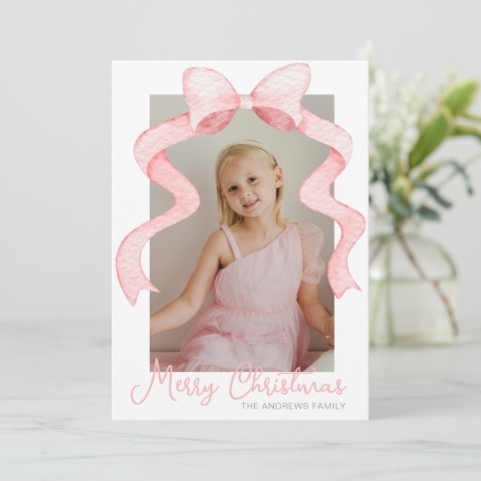 Cartes Pour Fêtes Annuelles Aquarelle Pink Bow Ribbon Sash Noël Photo (Debout devant)
