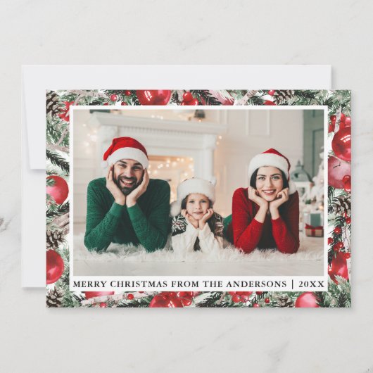 Cartes Pour Fêtes Annuelles Aquarelle Pins Ornements Photo Noël Rouge (Devant)