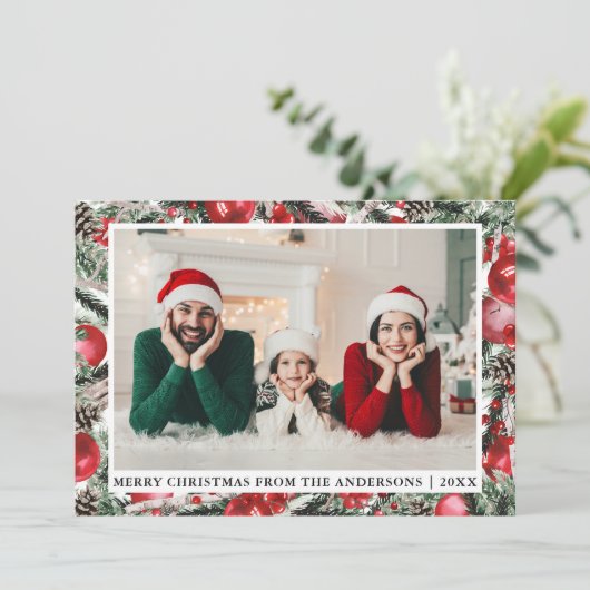 Cartes Pour Fêtes Annuelles Aquarelle Pins Ornements Photo Noël Rouge (Debout devant)