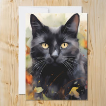 Aquarelle Portrait Chat Noir À L'Automne