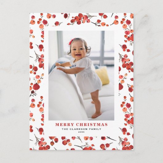 Cartes Pour Fêtes Annuelles Aquarelle Red Winterberry Christmas Photo (Devant)