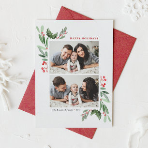 Cartes Pour Fêtes Annuelles Aquarelle Red Winterberry et Holly Two Photo