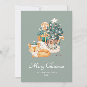 Cartes Pour Fêtes Annuelles Aquarelle Renard de Noël Sleighs vert non-photo