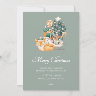 Cartes Pour Fêtes Annuelles Aquarelle Renard de Noël Sleighs vert non-photo