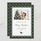 Cartes Pour Fêtes Annuelles Aquarelle Robin Vert Plaid Photo Neige Noël (Devant / Derrière)