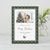 Cartes Pour Fêtes Annuelles Aquarelle Robin Vert Plaid Photo Neige Noël (Debout devant)
