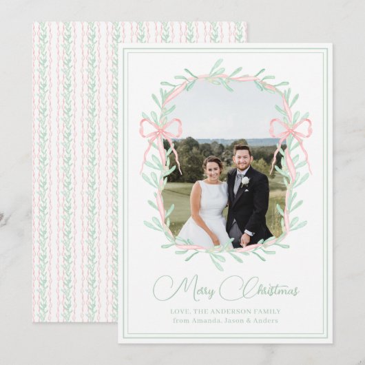 Cartes Pour Fêtes Annuelles Aquarelle rose Bow vert verdure Photo de Noël (Devant / Derrière)
