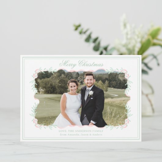 Cartes Pour Fêtes Annuelles Aquarelle rose Bow vert verdure Photo de Noël (Debout devant)