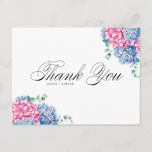 Cartes Pour Fêtes Annuelles Aquarelle rose et bleu Hydrangeas Merci (Devant)