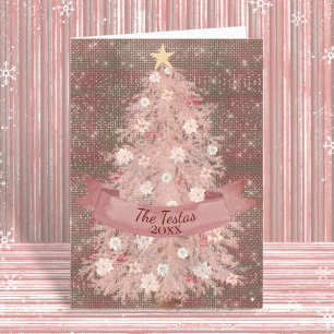 Cartes Pour Fêtes Annuelles Aquarelle rose et Rose or Arbre de Noël