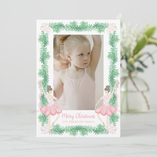 Cartes Pour Fêtes Annuelles Aquarelle rose et vert Noël Ballerinas Photo (Debout devant)