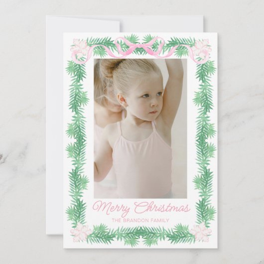 Cartes Pour Fêtes Annuelles Aquarelle rose et vert Noël Garland Photo (Devant)