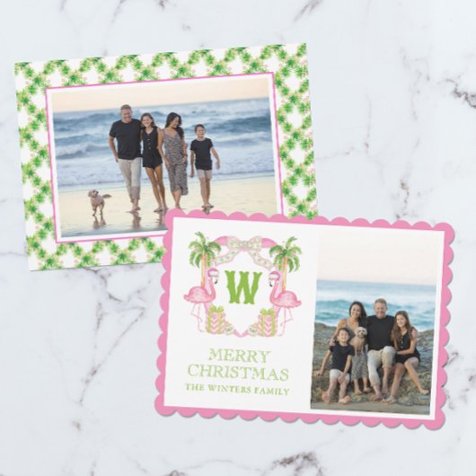 Cartes Pour Fêtes Annuelles Aquarelle rose Flamant rose de Noël Monogramme Cre