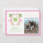 Cartes Pour Fêtes Annuelles Aquarelle rose Flamant rose de Noël Monogramme Cre (Devant)