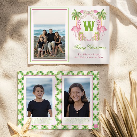 Cartes Pour Fêtes Annuelles Aquarelle rose Flamant rose Monogramme Crest Photo