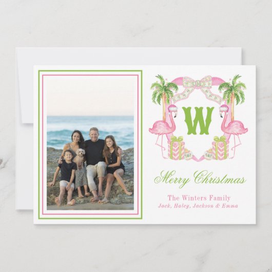 Cartes Pour Fêtes Annuelles Aquarelle rose Flamant rose Monogramme Crest Photo (Devant)