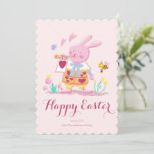 Cartes Pour Fêtes Annuelles aquarelle rose lapin de pâques dans le jardin (Debout devant)