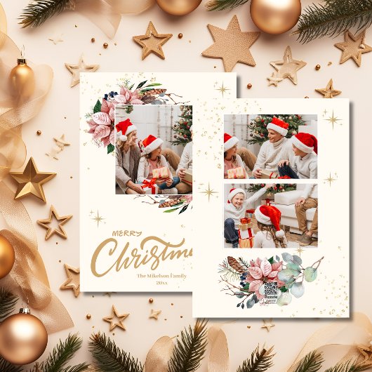 Cartes Pour Fêtes Annuelles Aquarelle rose Poinsettia Joyeux Noël Photo