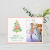Cartes Pour Fêtes Annuelles Aquarelle rose Vert Bois Coquette Photo de Noël (Debout devant)