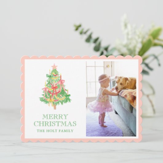 Cartes Pour Fêtes Annuelles Aquarelle rose Vert Bois Coquette Photo de Noël (Debout devant)