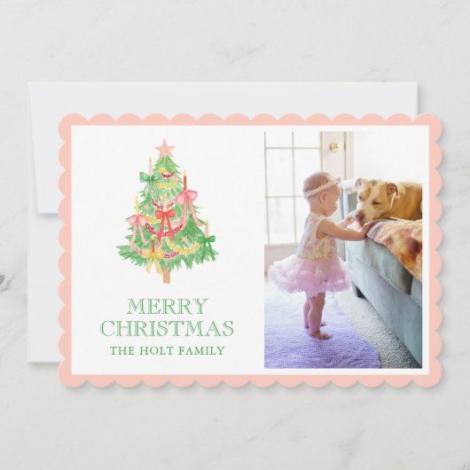 Cartes Pour Fêtes Annuelles Aquarelle rose Vert Bois Coquette Photo de Noël (Devant)