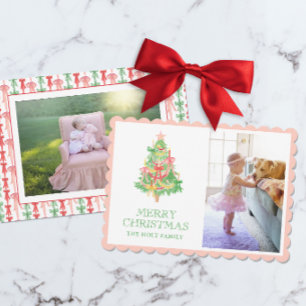 Cartes Pour Fêtes Annuelles Aquarelle rose Vert Bois Coquette Photo de Noël