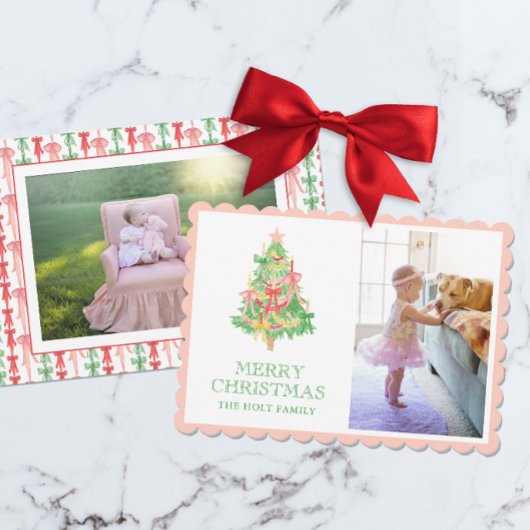 Cartes Pour Fêtes Annuelles Aquarelle rose Vert Bois Coquette Photo de Noël