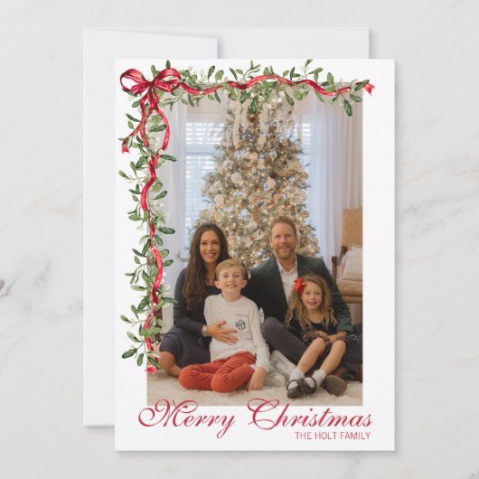 Cartes Pour Fêtes Annuelles Aquarelle Rouge Bow Mistletoe Garland Photo (Devant)