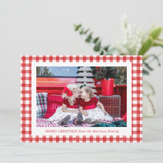 Cartes Pour Fêtes Annuelles Aquarelle Rouge En vichy photo Noël (Debout devant)