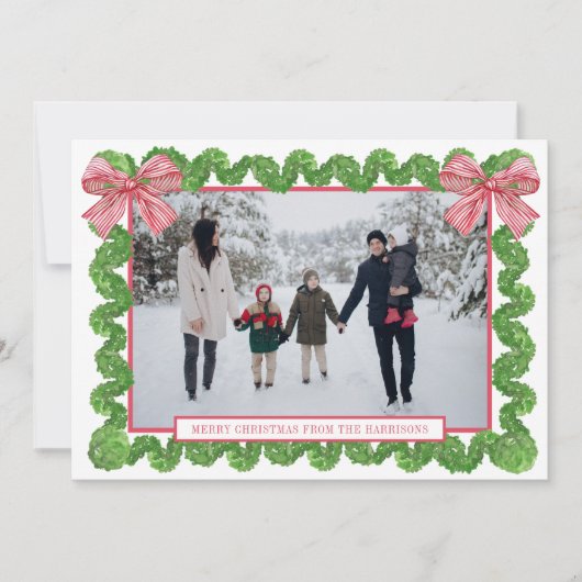 Cartes Pour Fêtes Annuelles Aquarelle Rouge et Blanc Bow Garland Photo (Devant)