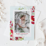 Cartes Pour Fêtes Annuelles Aquarelle rouge Fleurs de Noël Photo<br><div class="desc">Joyeuses vacances ! Envoyez un accueil et des souhaits de vacances à votre famille et à vos amis avec cette carte de séjour florale. Il présente une illustration aquarelle de fleurs rouges, aiguilles de pin et de verdure avec un arrière - plan bleu aqua clair. Personnalisez en mettant en vedette...</div>