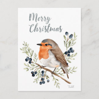 Cartes Pour Fêtes Annuelles Aquarelle Rouge-gorge et Baies d'Hiver