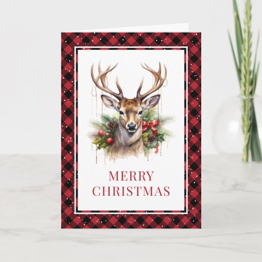 Cartes Pour Fêtes Annuelles Aquarelle rouge Plaid Cerf Joyeux Noël (Devant)
