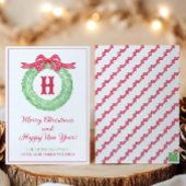 Cartes Pour Fêtes Annuelles Aquarelle Rouge Polka Dot Bow Monogram Wreath Part