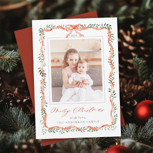 Cartes Pour Fêtes Annuelles Aquarelle Rouge Ruban Bow Cadre photo Noël