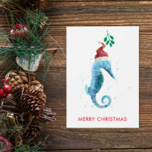 Cartes Pour Fêtes Annuelles Aquarelle Seahorse Mistletoe Nautique Nommé