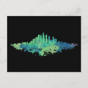 Cartes Pour Fêtes Annuelles Aquarelle Skyline de Chicago en bleu et vert